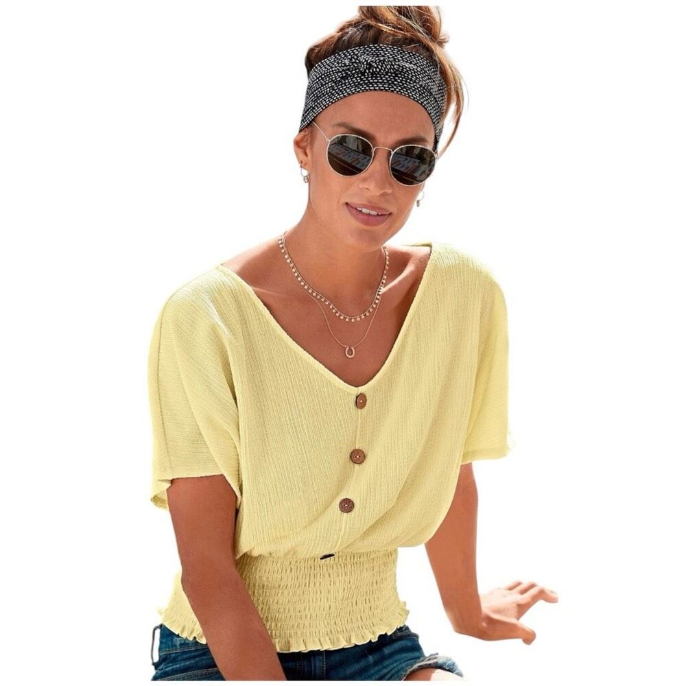Lascana V-Neck Smocked Top Size 8/10 Butter Yellow